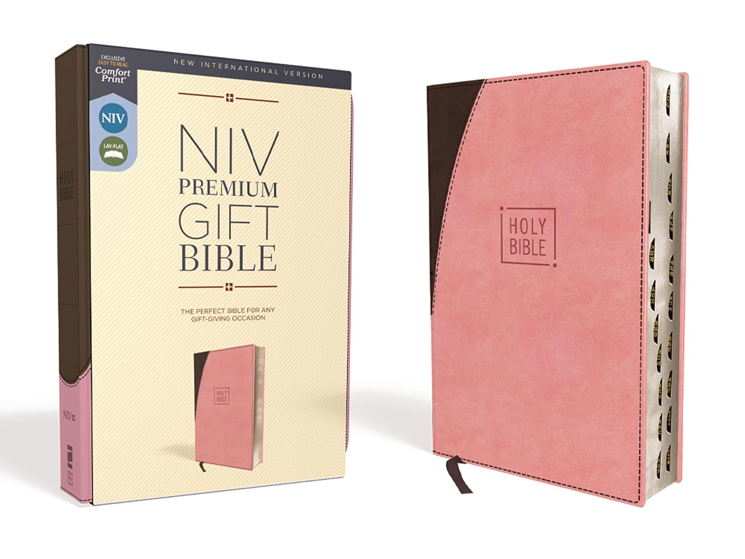 NIV, Premium Gift Bible, Leathersoft, Pink/Brown, Red Letter Edition, Thumb Indexed, Comfort Print